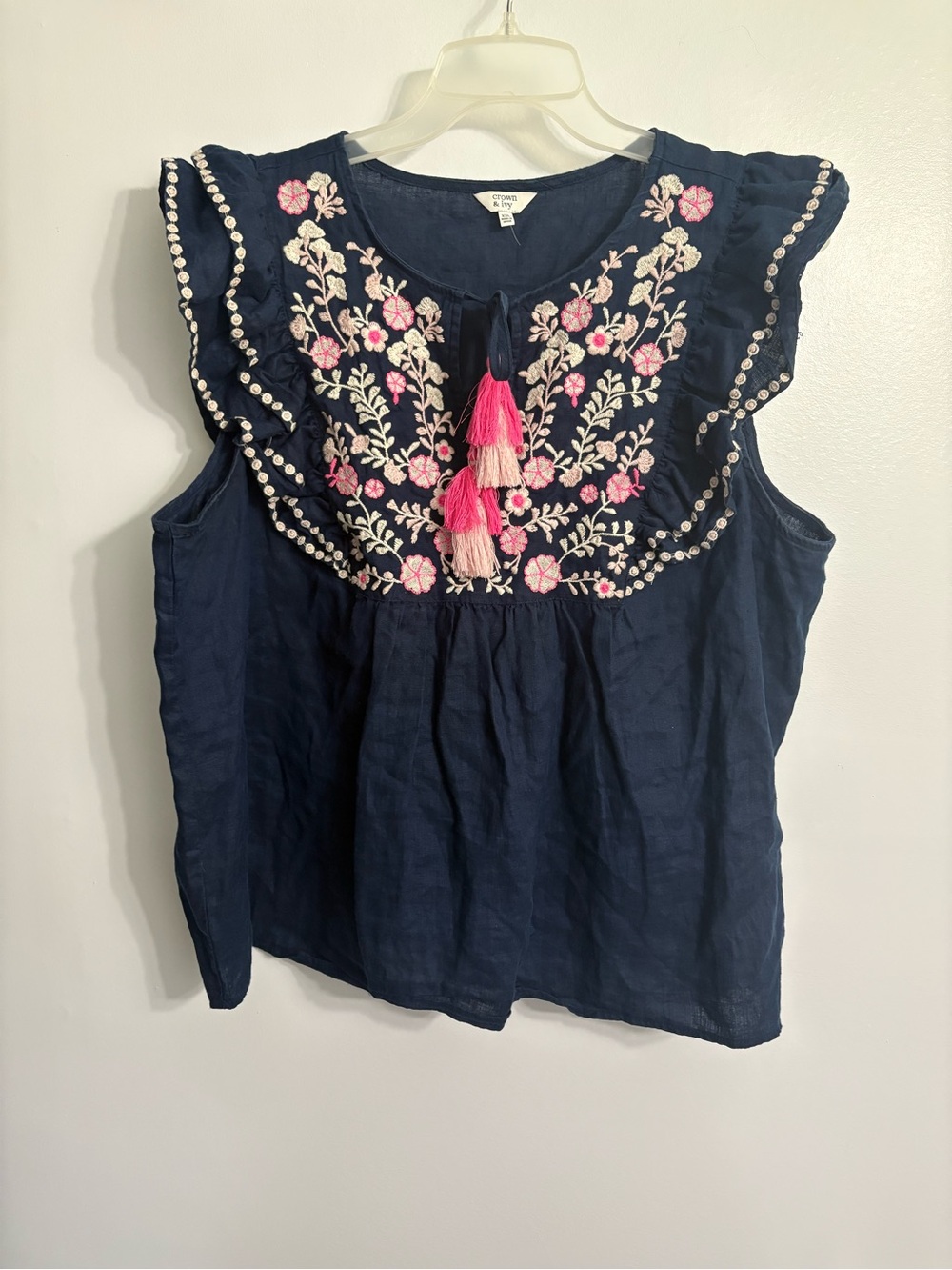 Peasant southern women’s XXL top linen blouse embroidered boho Chic stitching